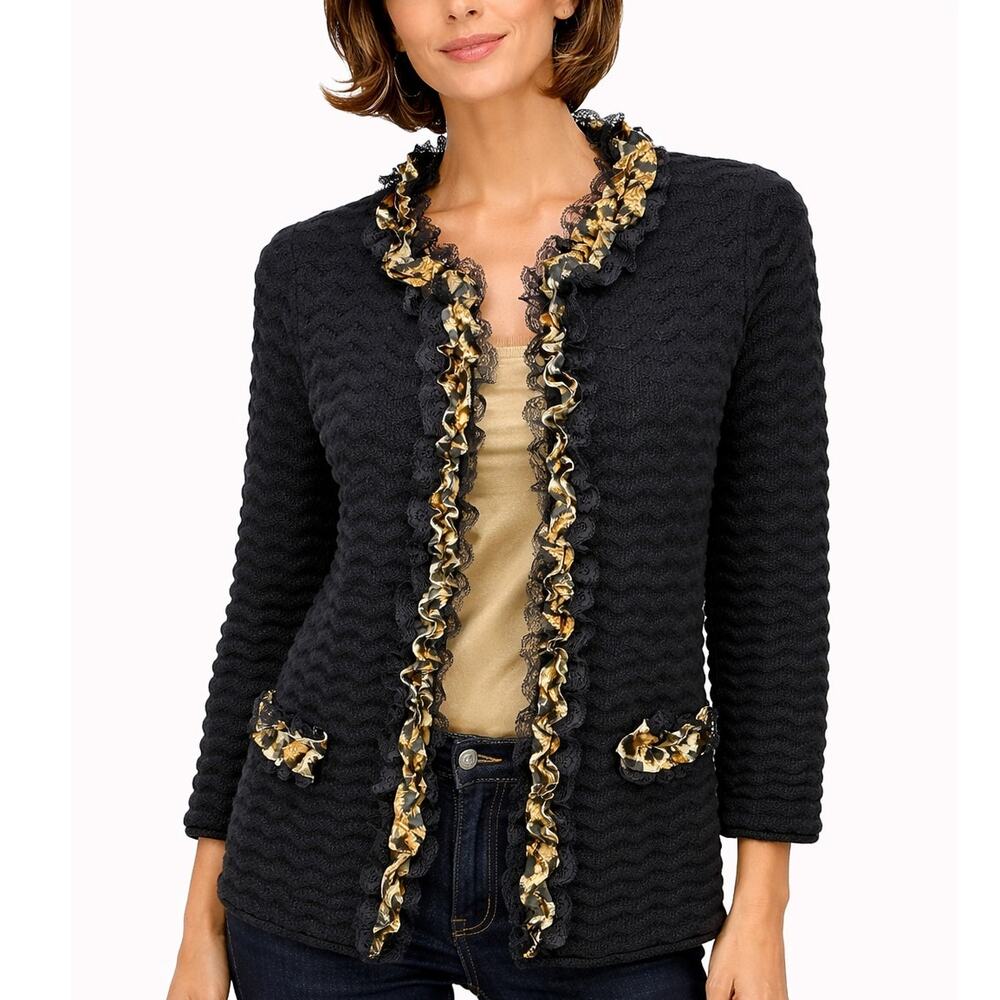 Chicos Cardigan Sweater Animal Print Lace Ruffle Trim Black  Textured Size 0 S